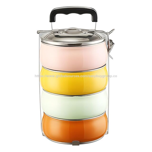 Boîtes Tiffin Empilables à Emporter, Porte-Tiffin Métallique 2/3/4 Couches en Acier Inoxydable avec Poignée