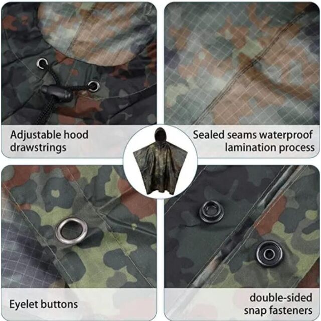 Wasserdichter, leichter Ripstop-Nylon-Regenmantel, strapazierfähiger, multifunktionaler Notfall-Poncho mit Tarnmuster