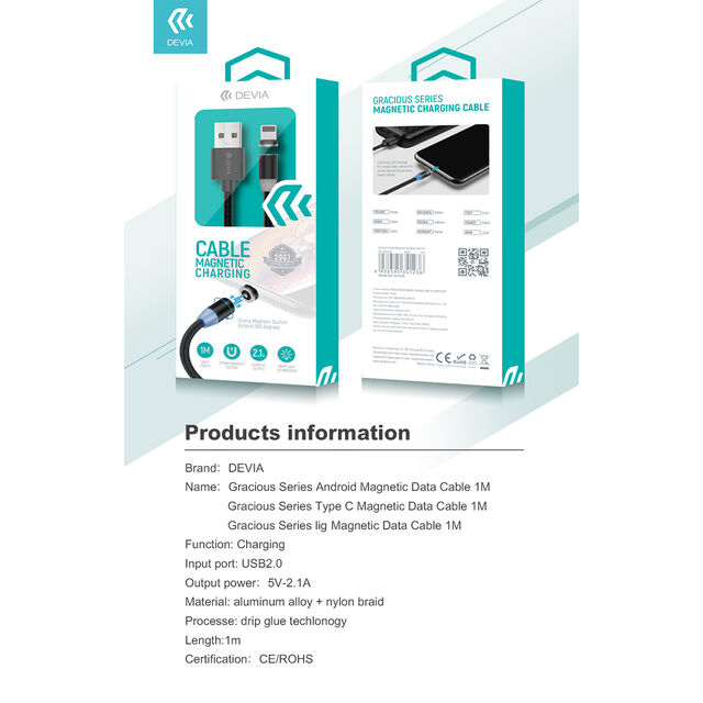 Câble de chargement USB magnétique Devia à rotation 360°, Micro, Type C, 8 broches pour mobile