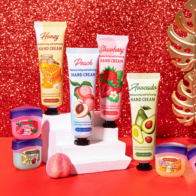 Set Cadeau Crème Mains & Baume à Lèvres Marque Blanche - Avocat, Pêche, Fraise, Miel Boîte Cadeau Nourrissante
