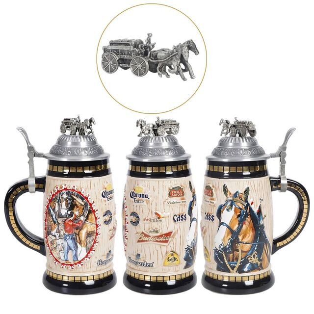 Copo de cerveja de cerâmica com tampa de estanho estilo alemão, caneca de cerveja com tampa de estanho
