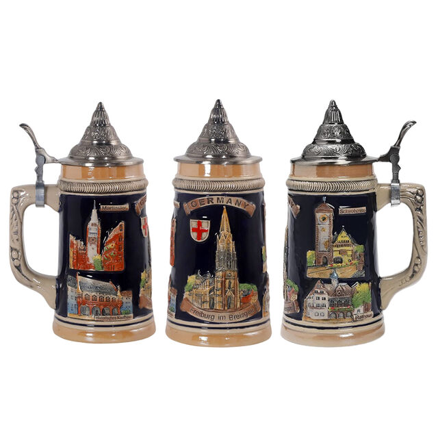 Copo de cerveja de cerâmica com tampa de estanho estilo alemão, caneca de cerveja com tampa de estanho