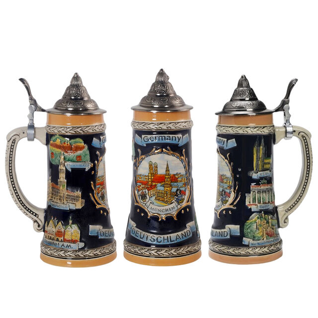 Copo de cerveja de cerâmica com tampa de estanho estilo alemão, caneca de cerveja com tampa de estanho