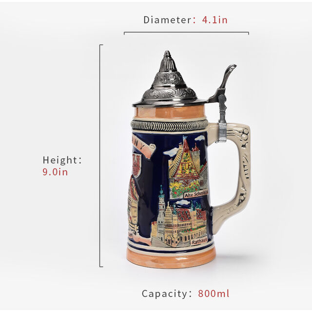 Chopes à Bière Allemandes en Céramique Style Européen avec Armoiries en Étain et Couvercle