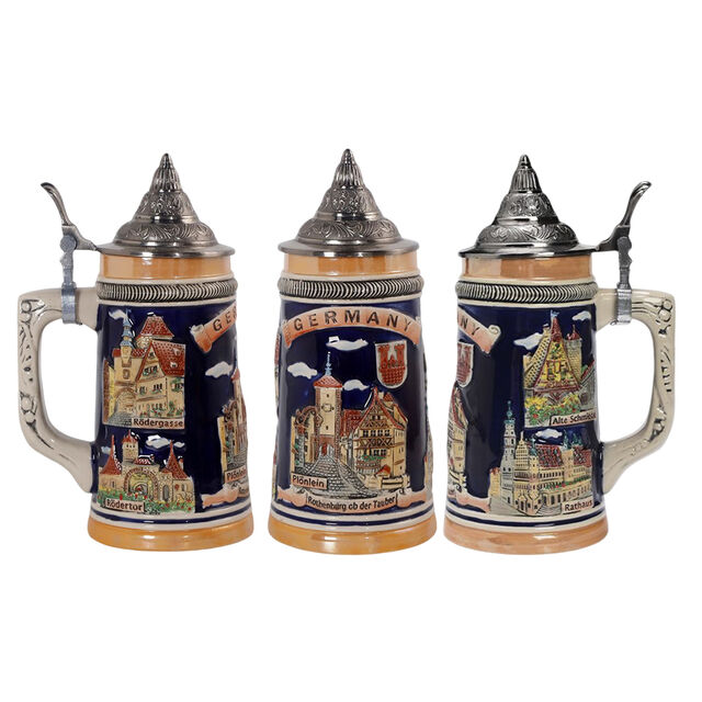 Chopes à Bière Allemandes en Céramique Style Européen avec Armoiries en Étain et Couvercle