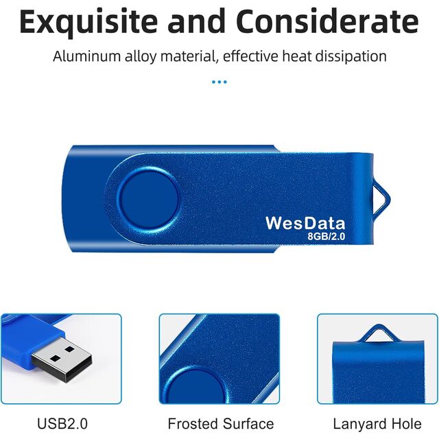 Classic Blue 8GB USB Flash Drive with Swivel Cap for Portable Data Transfer USB 2.0 Compliant