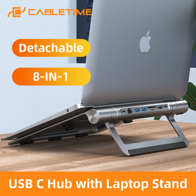 CABLETIME USB C HUB Ständer 8 in 1 4K HDMI PD 100W LAN 1000Mbps SD TF Karte Abnehmbar für Macbook Air Multi HUB Halter