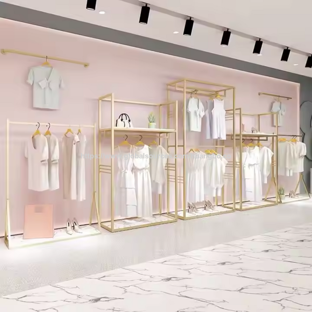 Maßgefertigte Bekleidungsgeschäft Möbel Boutique Schwerlast Goldener Kleiderständer Damenbekleidung Display Rack für Geschäfte