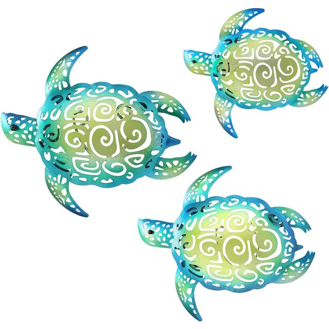Ensemble de 3 Décorations Murales Thème Plage Tortue de Mer en Métal pour Intérieur Extérieur Salle de Bain Jardin