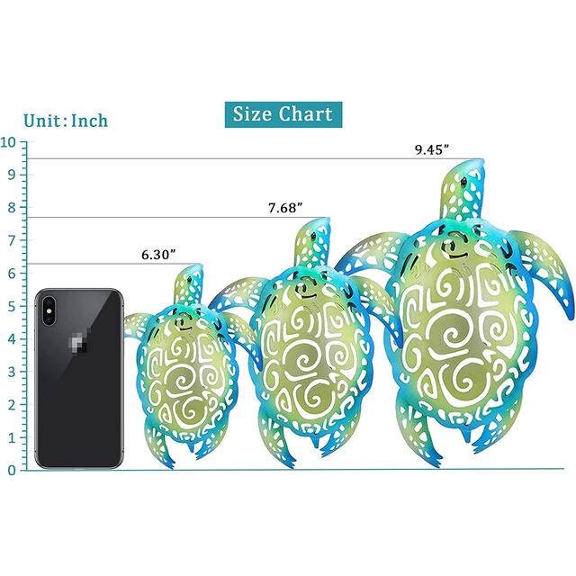 Ensemble de 3 Décorations Murales Thème Plage Tortue de Mer en Métal pour Intérieur Extérieur Salle de Bain Jardin