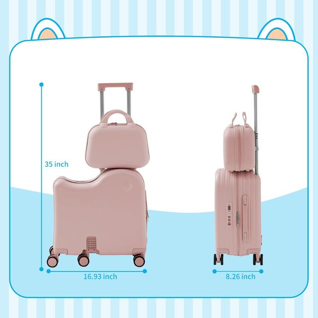 Maleta de Montar para Niños con Bolsa Portátil, Maleta de Cabina Rígida con Portavasos Oculto, Pedal Plegable