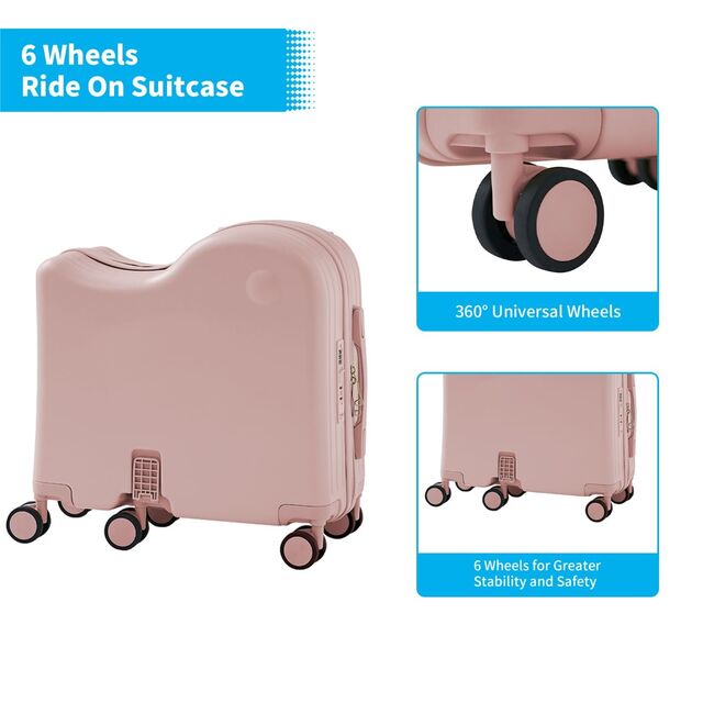 Maleta de Montar para Niños con Bolsa Portátil, Maleta de Cabina Rígida con Portavasos Oculto, Pedal Plegable