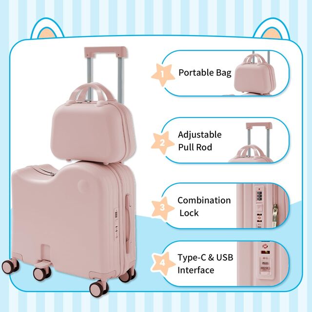 Maleta de Montar para Niños con Bolsa Portátil, Maleta de Cabina Rígida con Portavasos Oculto, Pedal Plegable