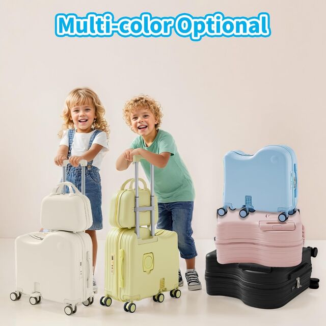 Maleta de Montar para Niños con Bolsa Portátil, Maleta de Cabina Rígida con Portavasos Oculto, Pedal Plegable
