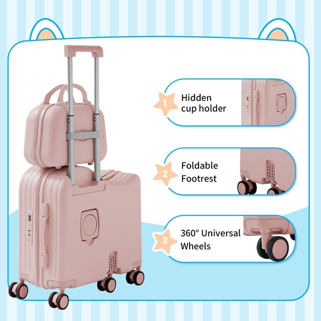 Maleta de Montar para Niños con Bolsa Portátil, Maleta de Cabina Rígida con Portavasos Oculto, Pedal Plegable