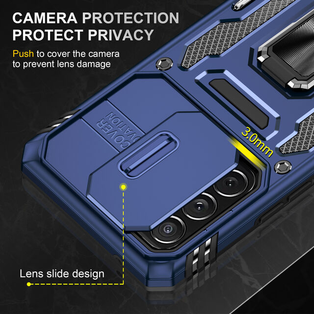 Funda Protectora Completa de Lujo con Anillo y Soporte Metálico, Cubierta Trasera Dura Híbrida con Ventana Deslizable para Samsung A53 5G