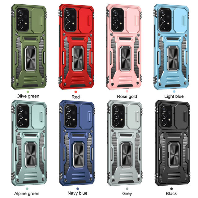 Funda Protectora Completa de Lujo con Anillo y Soporte Metálico, Cubierta Trasera Dura Híbrida con Ventana Deslizable para Samsung A53 5G