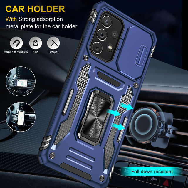 Funda Protectora Completa de Lujo con Anillo y Soporte Metálico, Cubierta Trasera Dura Híbrida con Ventana Deslizable para Samsung A53 5G