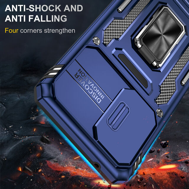 Funda Protectora Completa de Lujo con Anillo y Soporte Metálico, Cubierta Trasera Dura Híbrida con Ventana Deslizable para Samsung A53 5G