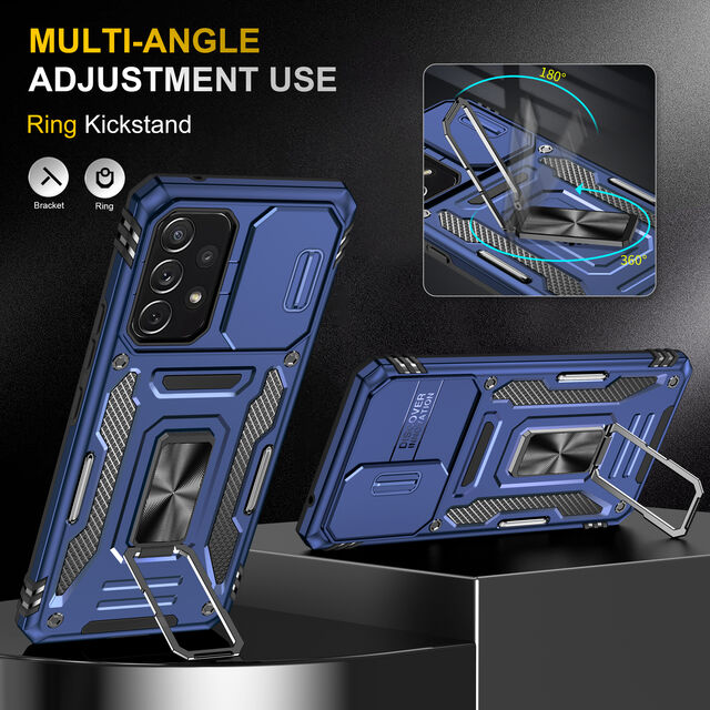 Funda Protectora Completa de Lujo con Anillo y Soporte Metálico, Cubierta Trasera Dura Híbrida con Ventana Deslizable para Samsung A53 5G