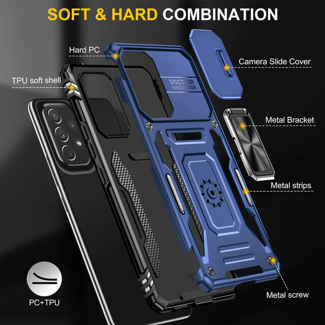 Funda Protectora Completa de Lujo con Anillo y Soporte Metálico, Cubierta Trasera Dura Híbrida con Ventana Deslizable para Samsung A53 5G