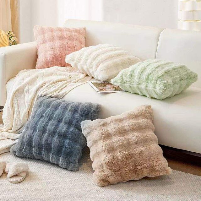 Funda de cojín cuadrada de piel sintética de conejo, gruesa, a rayas, súper suave, de color sólido, 45x45cm, para decoración de sofá