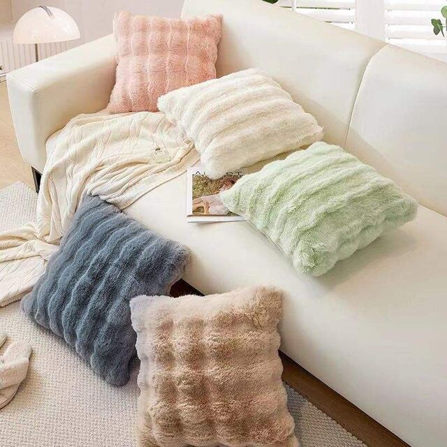 Funda de cojín cuadrada de piel sintética de conejo, gruesa, a rayas, súper suave, de color sólido, 45x45cm, para decoración de sofá