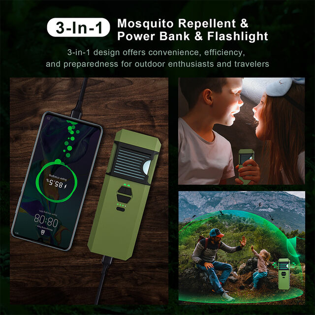 Répulsif Anti-Moustiques 3-en-1 Chauffage Double Face, Compatible Power Bank & Lampe Torche, Étanche IP67, Rechargeable USB