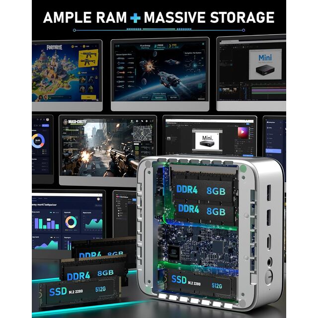 Mini PC Gaming AMD Ryzen 5300U (Lebih Baik dari N100) Radeon Vega 8 16GB RAM 512GB NVMe SSD Dual LAN 2.5G Tampilan Tiga 4K WiFi 6