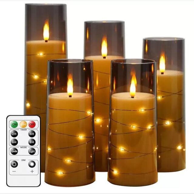 Velas LED sin Llama parpadeantes con Control Remoto, Decoración Navideña para el Hogar, Carcasa Acrílica Estable con Cadena de Estrellas Integrada, a Batería