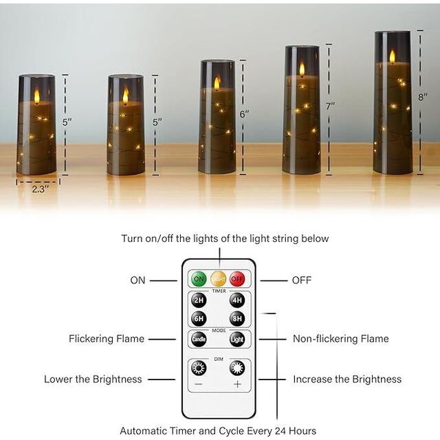 Velas LED sin Llama parpadeantes con Control Remoto, Decoración Navideña para el Hogar, Carcasa Acrílica Estable con Cadena de Estrellas Integrada, a Batería