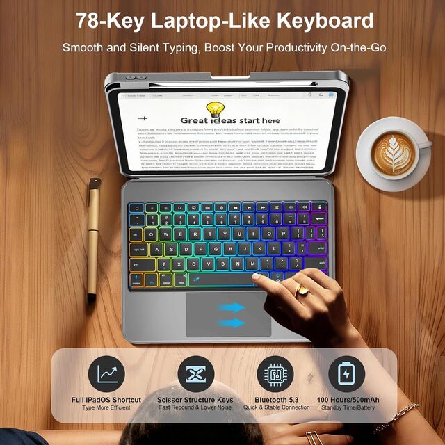 Capa de Teclado Magnético Destacável Preta com Teclas Retroiluminadas e Trackpad para iPad Air 5 4ª Geração 11 Polegadas