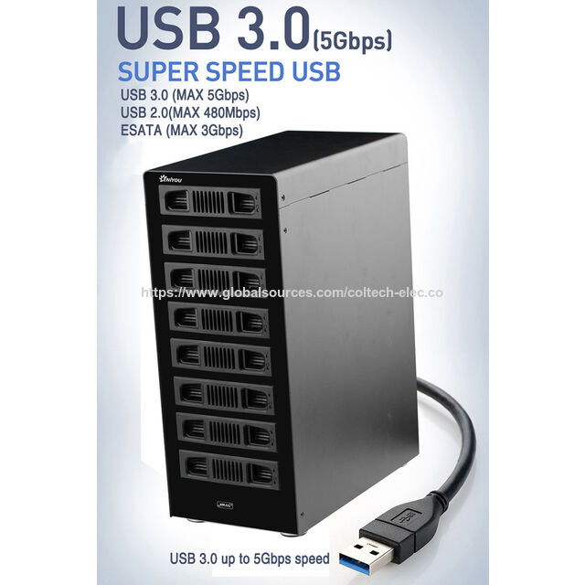 Caja Externa de 8 Bahías para HDD SATA de 2.5"/3.5", Intercambio en Caliente (Hot Swap), Sin RAID, USB 3.0, Soporte para Múltiples Bahías