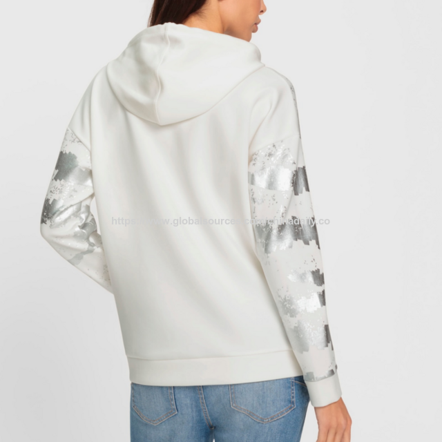 Sudadera con Capucha para Mujer con Estampado de Foil Plateado / Venta al por Mayor / OEM / ODM