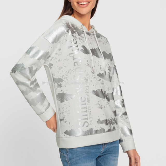 Sudadera con Capucha para Mujer con Estampado de Foil Plateado / Venta al por Mayor / OEM / ODM