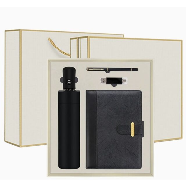 Coffret Cadeau d'Affaires de Luxe comprenant un Parapluie Pliant de Protection UV Promotionnel et une Clé USB Intégrée