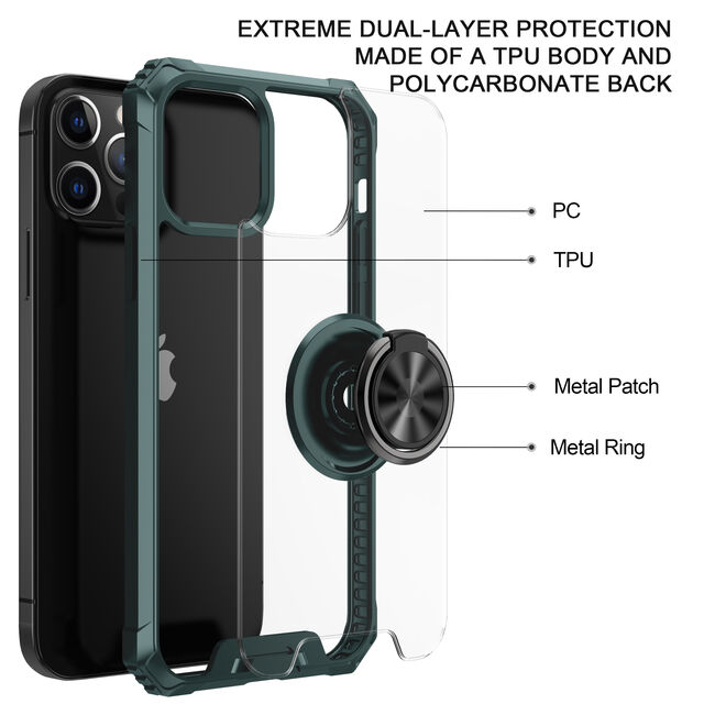 Capa de celular com suporte de anel e kickstand de nível militar para iPhone 12/12 Pro