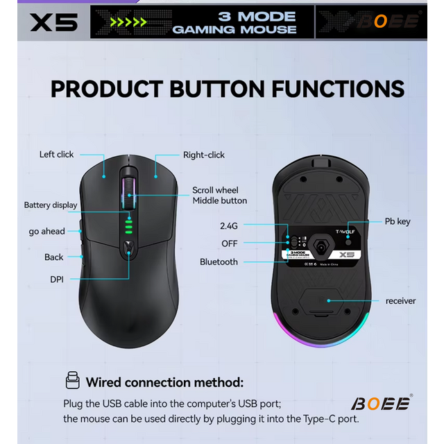 Souris Gamer Sans Fil Programmable 2.4G BT, 12800 DPI, 6D, Lumière LED RVB 7 Couleurs, Design Ergonomique pour PC