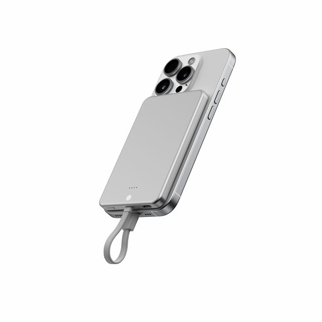 Batterie Externe MagCharge UltraSlim 5K en Aluminium, 6,95mm d'épaisseur, Charge Rapide 15W avec Câble Type-C Intégré