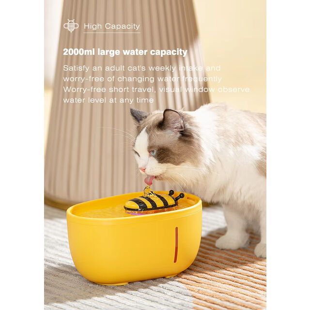 Wholesale Eco-Friendly Yellow&Black Honey Bee Design 2L Automatic Cat Water Fountain Silent Charge Pet Bowls Feeders