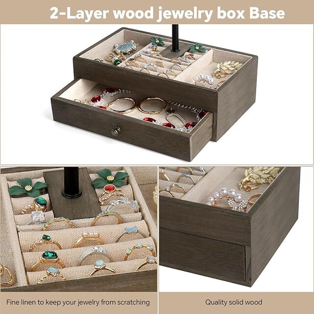 Support de Bijoux Arbre à Bijoux en Bois à 3 Niveaux avec Boîte à Tiroir pour Bracelets et Boucles d'Oreilles - Thème Triple Lune