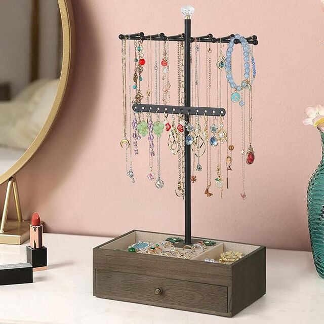 Support de Bijoux Arbre à Bijoux en Bois à 3 Niveaux avec Boîte à Tiroir pour Bracelets et Boucles d'Oreilles - Thème Triple Lune