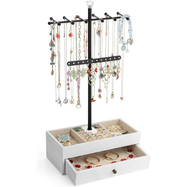 Support de Bijoux Arbre à Bijoux en Bois à 3 Niveaux avec Boîte à Tiroir pour Bracelets et Boucles d'Oreilles - Thème Triple Lune
