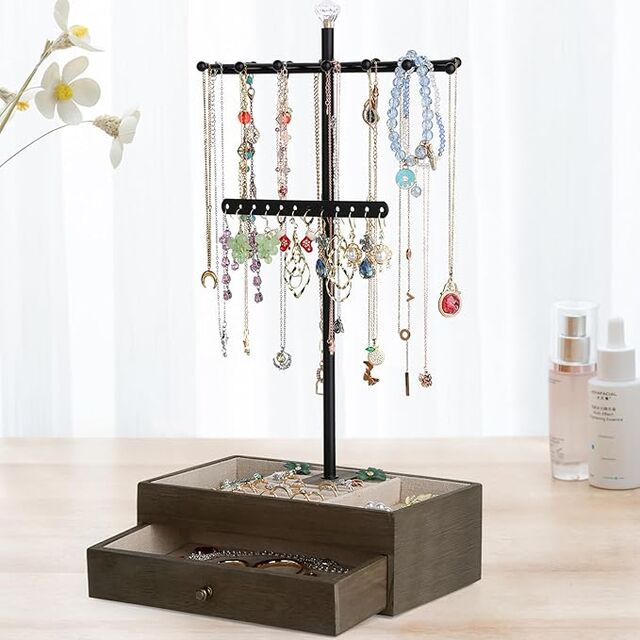 Support de Bijoux Arbre à Bijoux en Bois à 3 Niveaux avec Boîte à Tiroir pour Bracelets et Boucles d'Oreilles - Thème Triple Lune