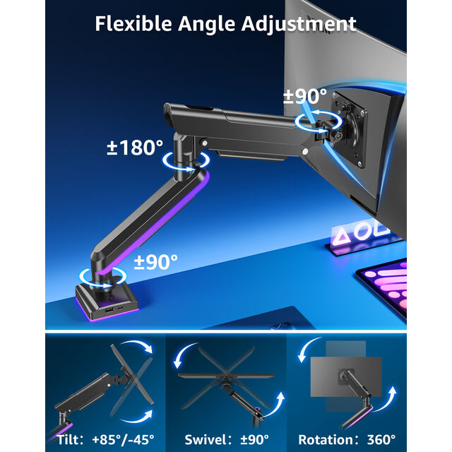 Soporte de monitor RGB de 22-32 pulgadas con luces RGB, brazo para monitor de computadora, montaje en escritorio