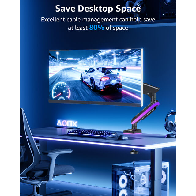 22-32 Zoll RGB Einzelmonitorhalterung mit RGB-Beleuchtung, Monitorhalterung für Computermonitore, Schreibtischhalterung