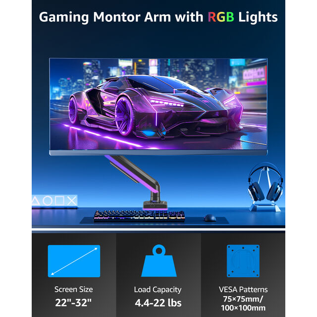 22-32 Zoll RGB Einzelmonitorhalterung mit RGB-Beleuchtung, Monitorhalterung für Computermonitore, Schreibtischhalterung