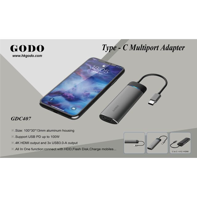 Hub Multifuncional 4 em 1 Tipo-C: 2 USB 3.0 A + 1 USB-C + 1 HDMI