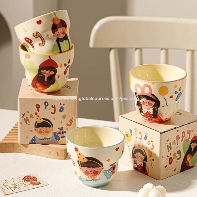 High-Appearance Cute Cartoon Ceramic Mugs for Family of 4 Kids Breakfast Cups Parent-Child Household Water Mugs