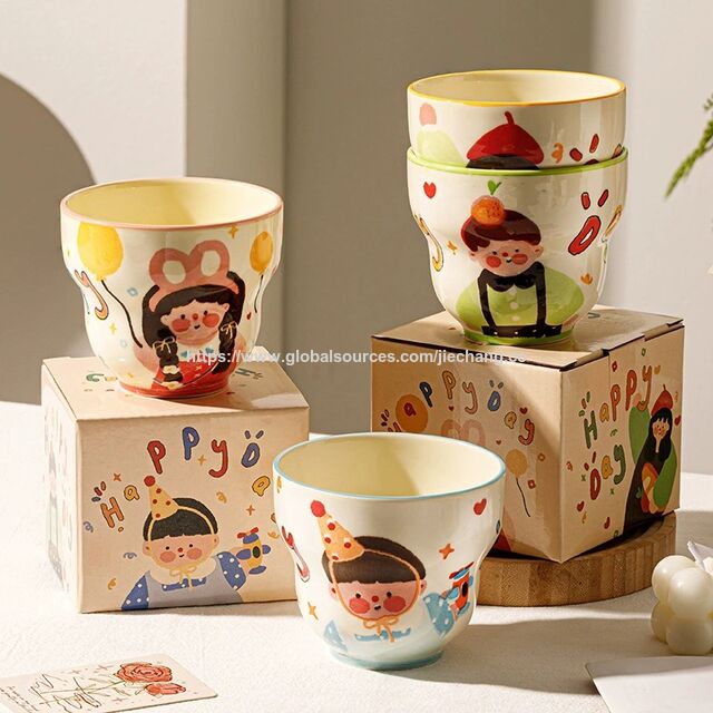 High-Appearance Cute Cartoon Ceramic Mugs for Family of 4 Kids Breakfast Cups Parent-Child Household Water Mugs